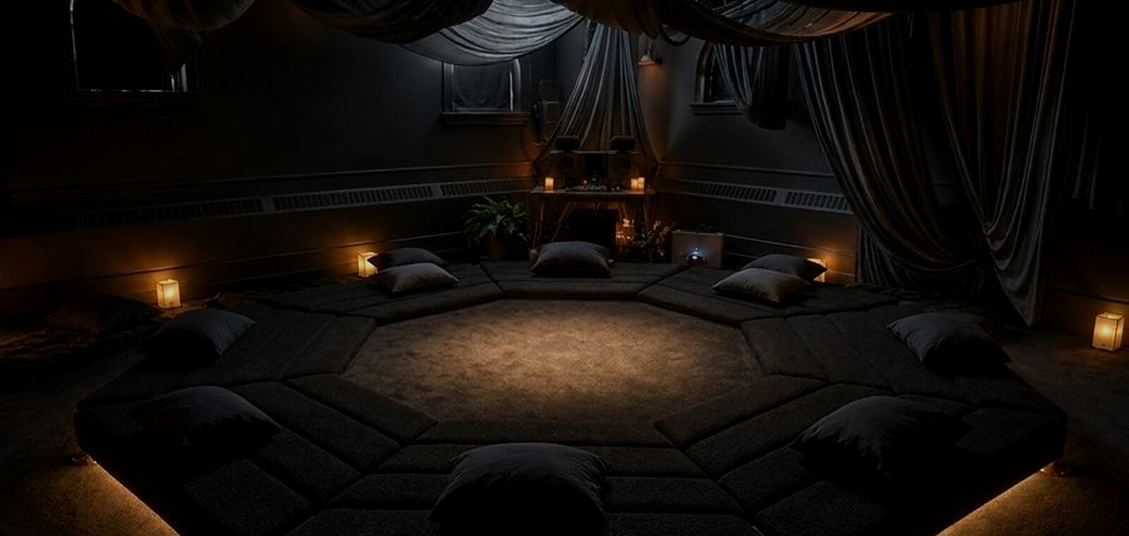 The SoundTemple room at its darkest: AVA lit from beneath, candles low along the walls, drapes drawn.